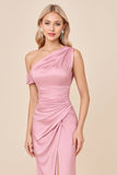 Sheath Blush Pink Satin One Shoulder Long Bridesmaid Dress with Slit