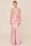 Blush Pink Satin Backless Long Bridesmaid Dress with Slit