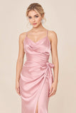 Blush Pink Satin Backless Long Bridesmaid Dress with Slit