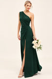 One Shoulder Pine Satin Long Bridesmaid Dress with Slit