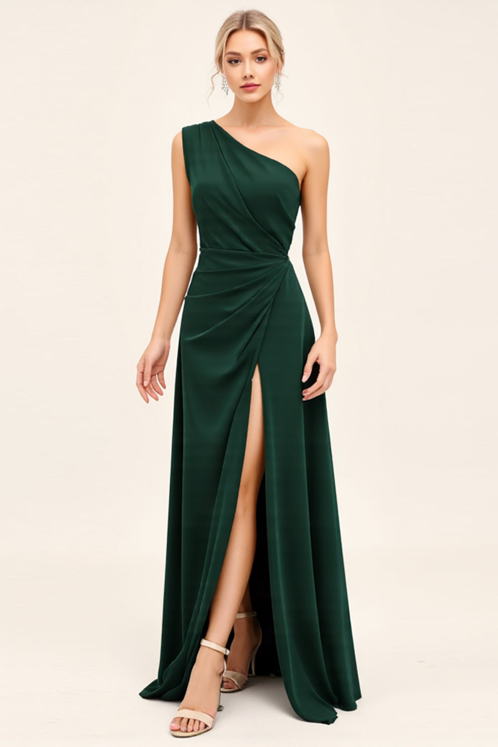 One Shoulder Pine Satin Long Bridesmaid Dress with Slit