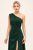 One Shoulder Pine Satin Long Bridesmaid Dress with Slit