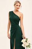 One Shoulder Pine Satin Long Bridesmaid Dress with Slit