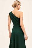 One Shoulder Pine Satin Long Bridesmaid Dress with Slit