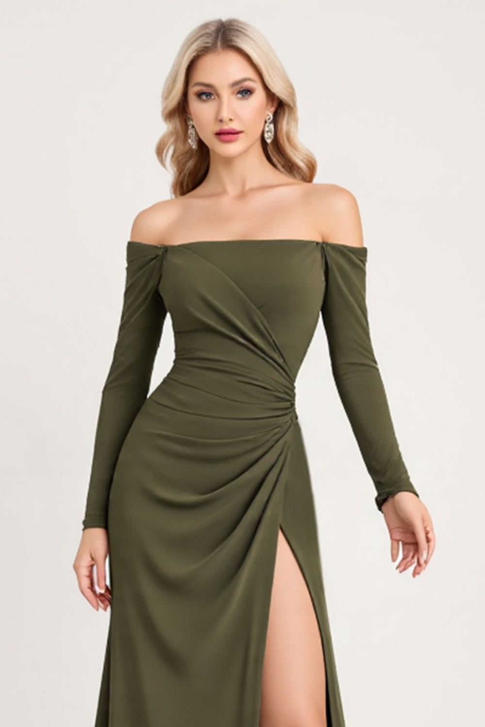 Olive Square Neck Satin Long Sleeves Bridesmaid Dress with Slit