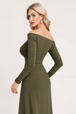 Olive Square Neck Satin Long Sleeves Bridesmaid Dress with Slit