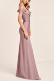 Vintage Mauve Sheath Off the Shoulder Bridesmaid Dress with Slit