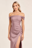 Vintage Mauve Sheath Off the Shoulder Bridesmaid Dress with Slit