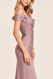 Vintage Mauve Sheath Off the Shoulder Bridesmaid Dress with Slit