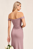 Vintage Mauve Sheath Off the Shoulder Bridesmaid Dress with Slit