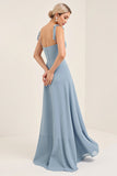 Sky Blue Sheath Satin Spaghetti Straps Long Bridesmaid Dress