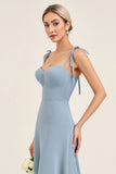 Sky Blue Sheath Satin Spaghetti Straps Long Bridesmaid Dress