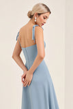 Sky Blue Sheath Satin Spaghetti Straps Long Bridesmaid Dress
