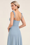 Sky Blue Sheath Satin Spaghetti Straps Long Bridesmaid Dress