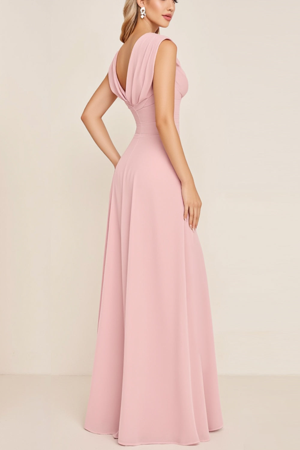 Candy Pink V-Neck Long Satin Sheath Bridesmaid Dress with Slit