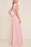 Candy Pink V-Neck Long Satin Sheath Bridesmaid Dress with Slit