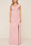 Candy Pink V-Neck Long Satin Sheath Bridesmaid Dress with Slit
