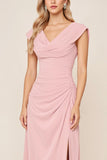 Candy Pink V-Neck Long Satin Sheath Bridesmaid Dress with Slit