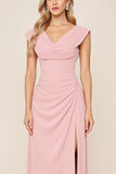 Candy Pink V-Neck Long Satin Sheath Bridesmaid Dress with Slit