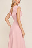 Candy Pink V-Neck Long Satin Sheath Bridesmaid Dress with Slit