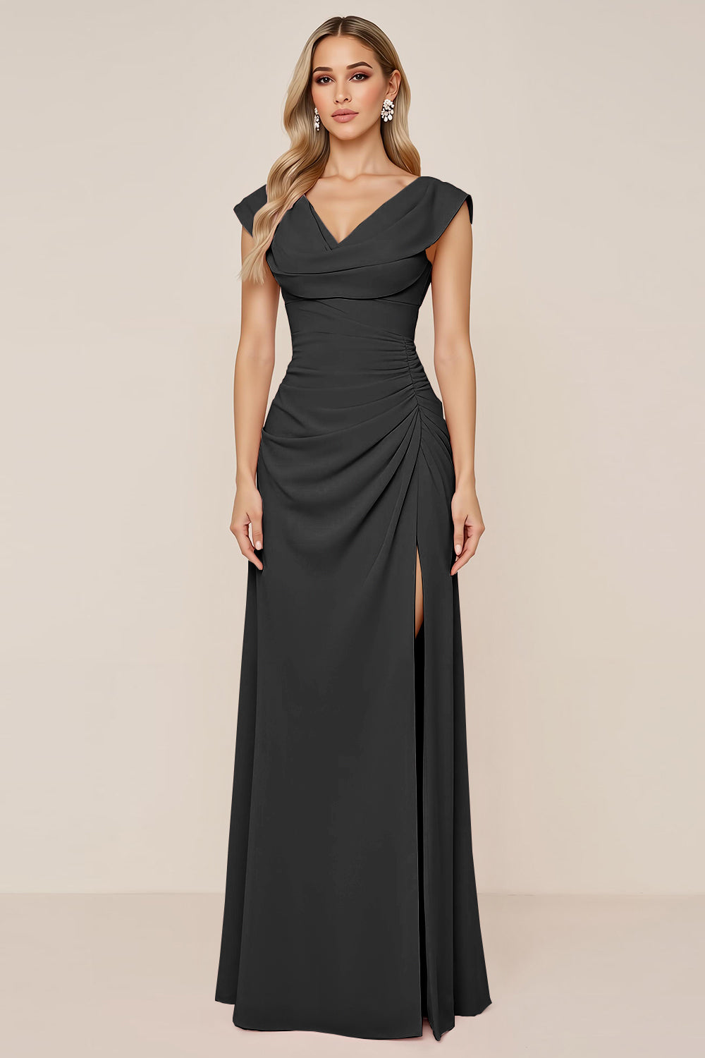 Candy Pink V-Neck Long Satin Sheath Bridesmaid Dress with Slit
