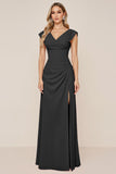 Candy Pink V-Neck Long Satin Sheath Bridesmaid Dress with Slit