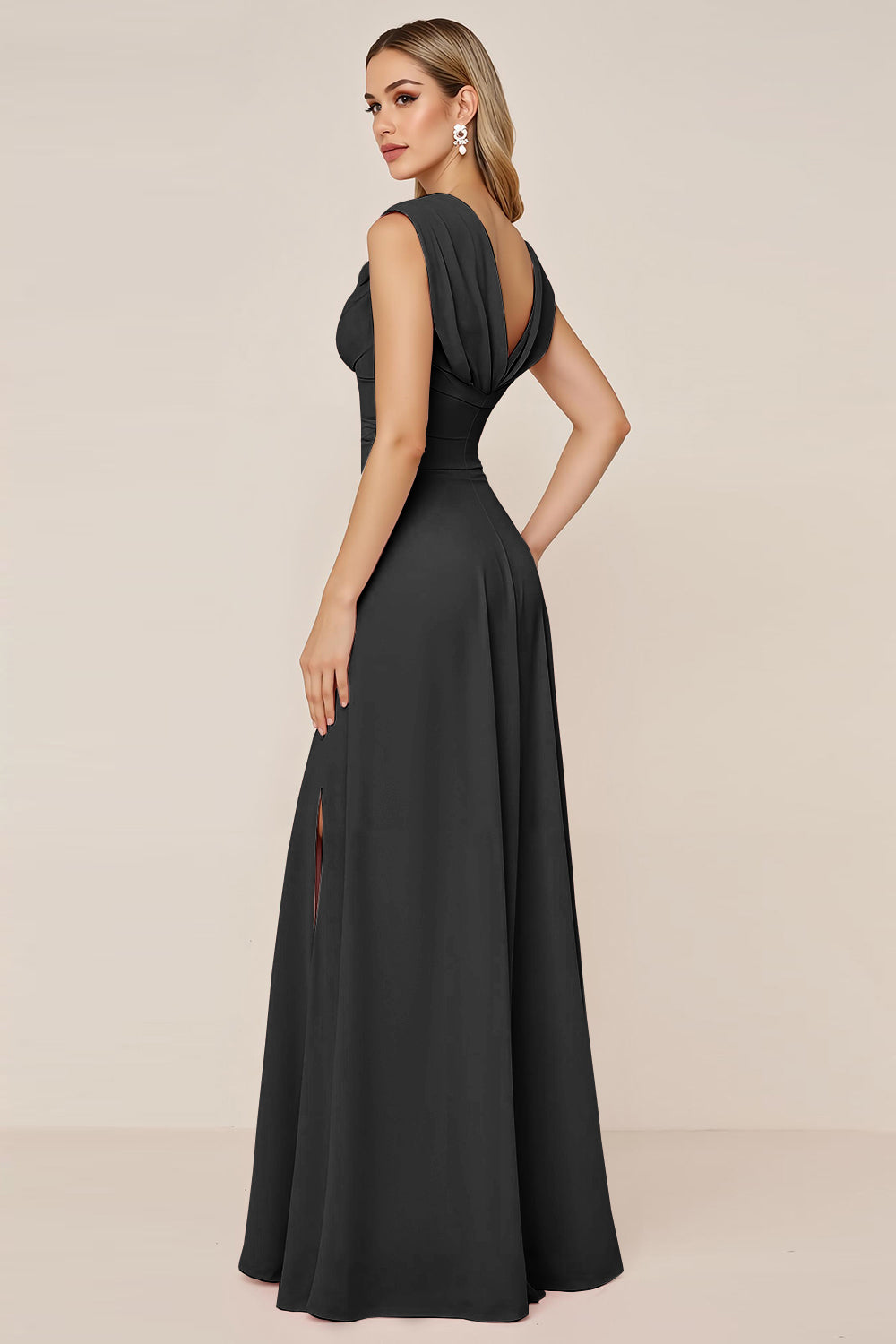 Candy Pink V-Neck Long Satin Sheath Bridesmaid Dress with Slit