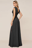 Candy Pink V-Neck Long Satin Sheath Bridesmaid Dress with Slit