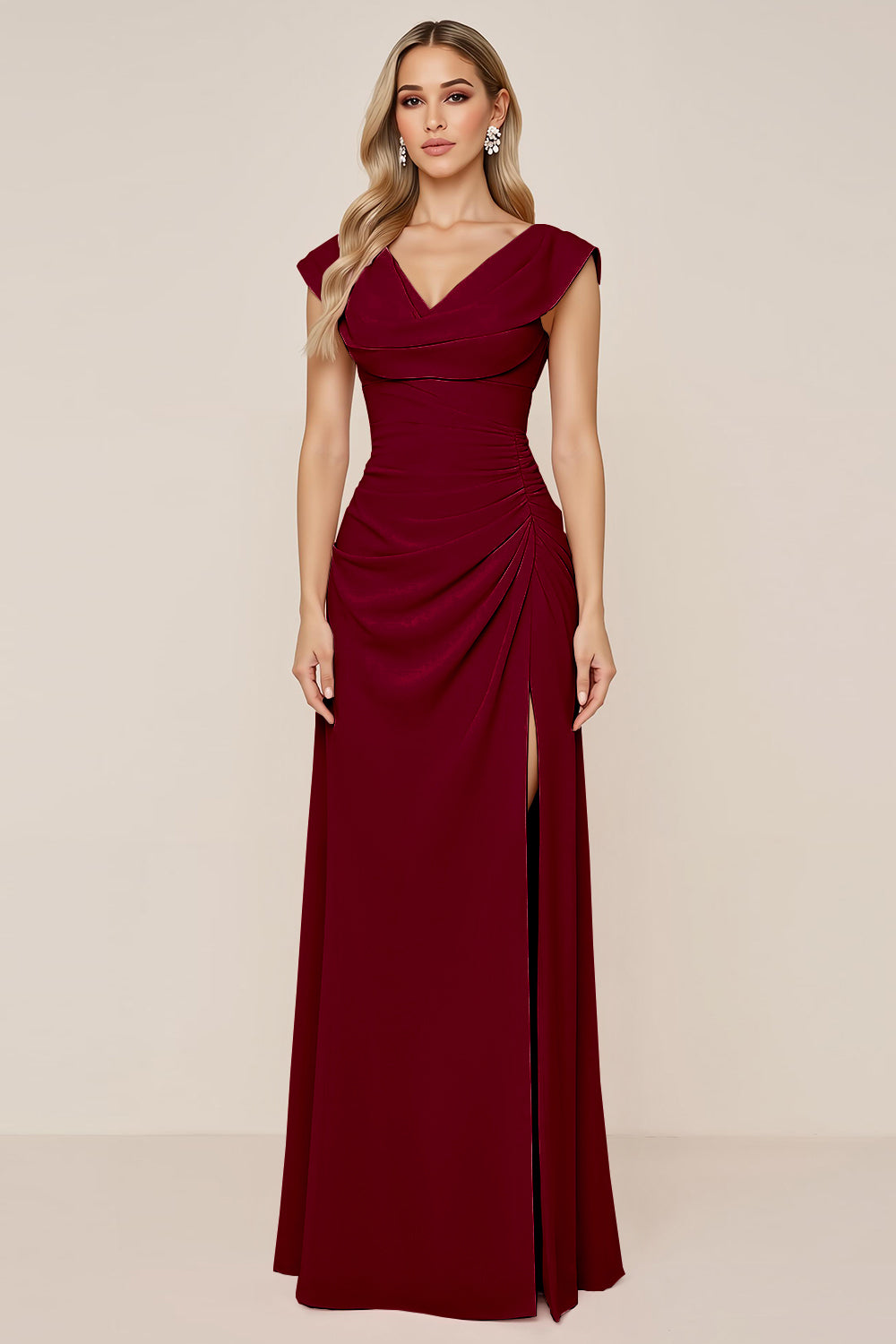 Candy Pink V-Neck Long Satin Sheath Bridesmaid Dress with Slit