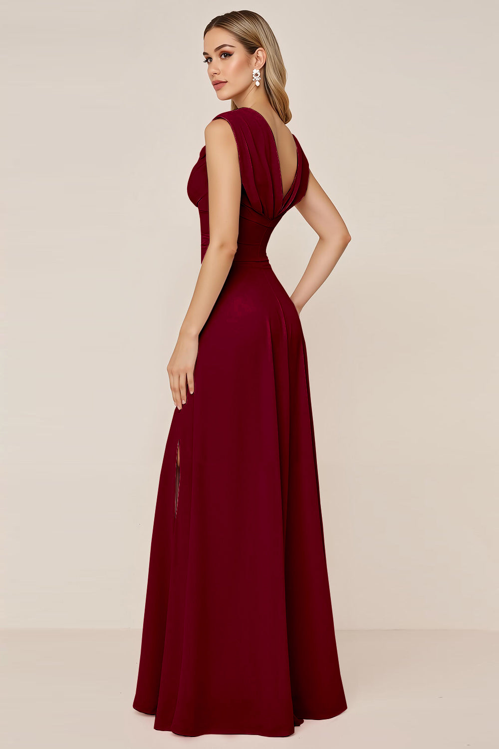 Candy Pink V-Neck Long Satin Sheath Bridesmaid Dress with Slit