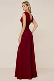 Candy Pink V-Neck Long Satin Sheath Bridesmaid Dress with Slit