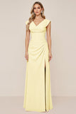 Candy Pink V-Neck Long Satin Sheath Bridesmaid Dress with Slit