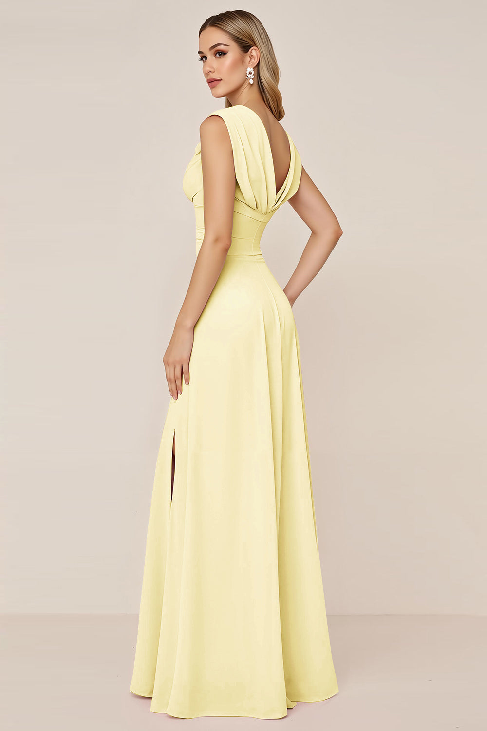 Candy Pink V-Neck Long Satin Sheath Bridesmaid Dress with Slit
