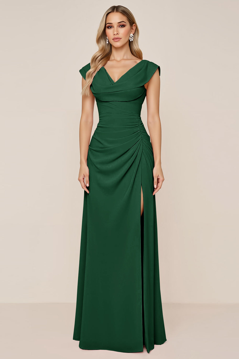 Candy Pink V-Neck Long Satin Sheath Bridesmaid Dress with Slit