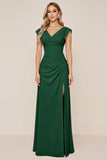 Candy Pink V-Neck Long Satin Sheath Bridesmaid Dress with Slit