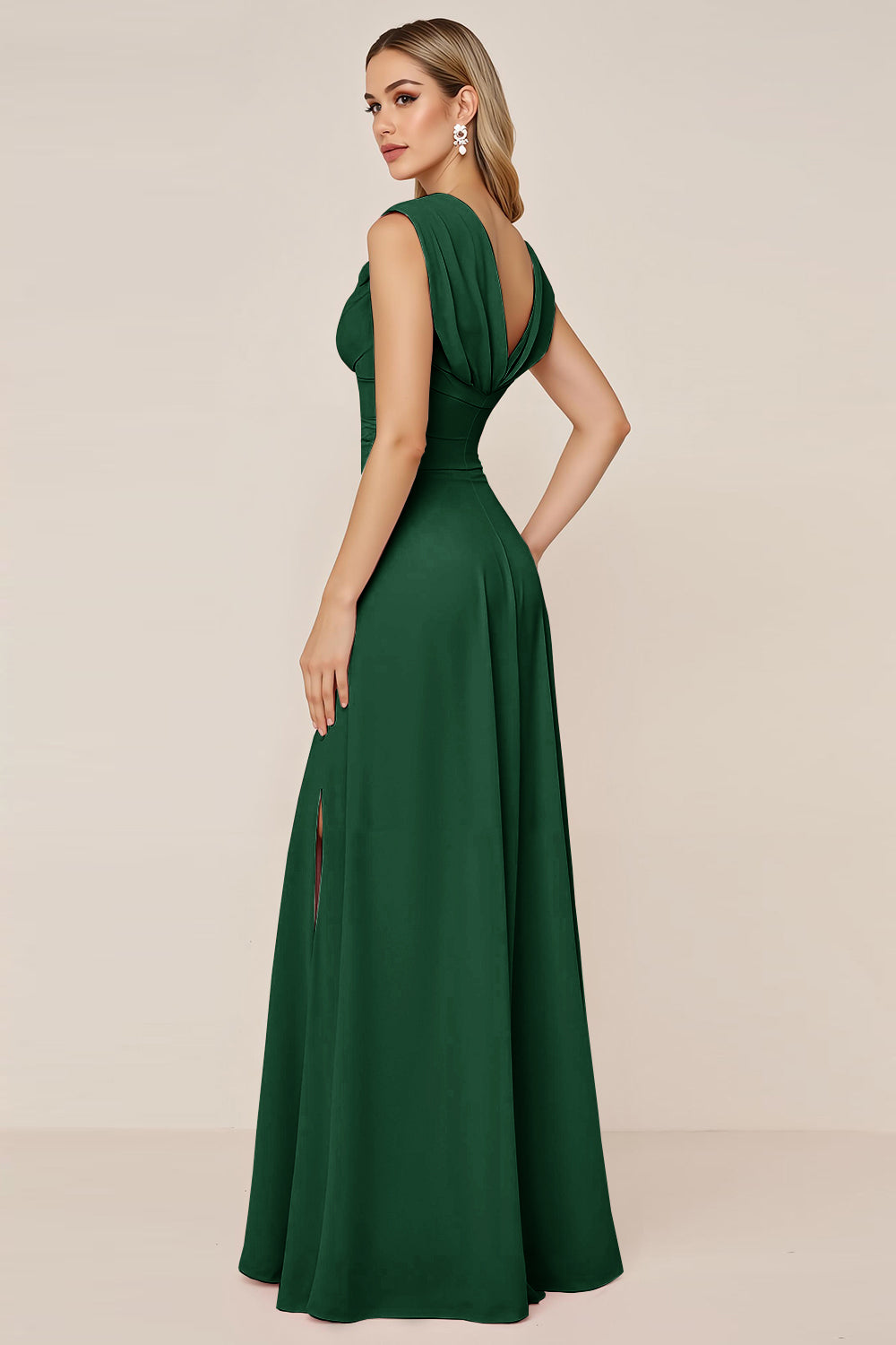 Candy Pink V-Neck Long Satin Sheath Bridesmaid Dress with Slit
