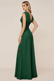 Candy Pink V-Neck Long Satin Sheath Bridesmaid Dress with Slit