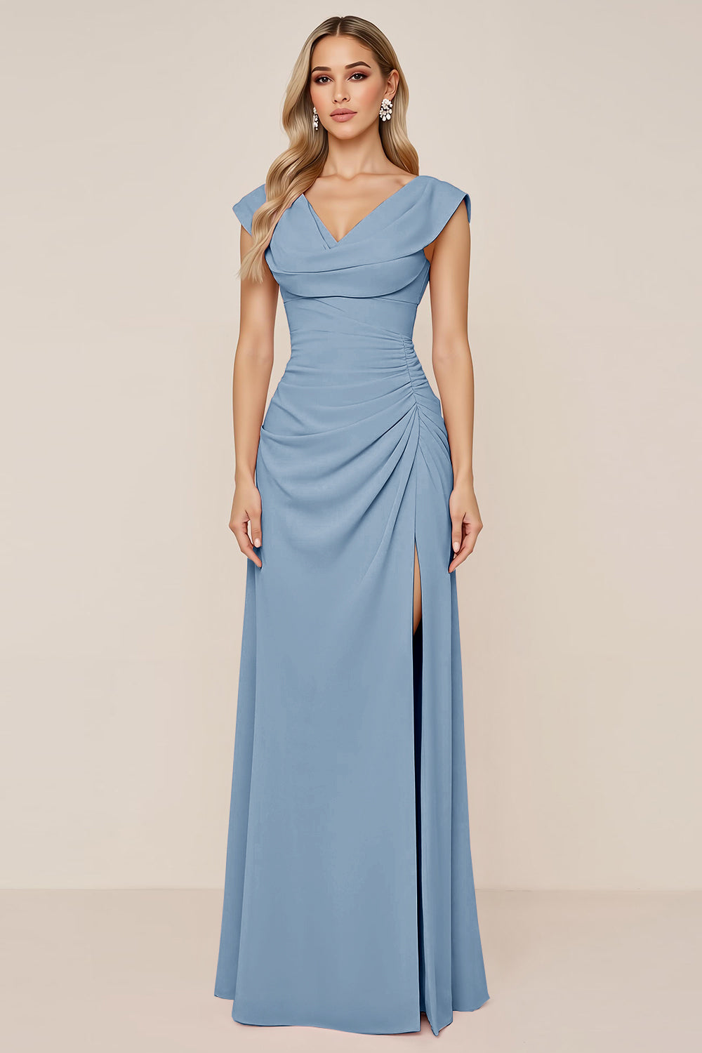 Candy Pink V-Neck Long Satin Sheath Bridesmaid Dress with Slit