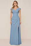 Candy Pink V-Neck Long Satin Sheath Bridesmaid Dress with Slit
