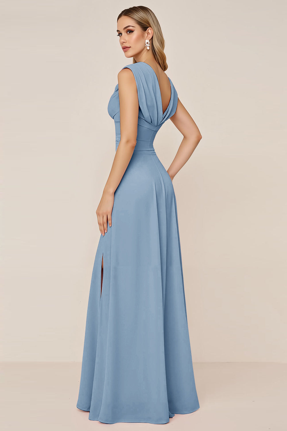 Candy Pink V-Neck Long Satin Sheath Bridesmaid Dress with Slit