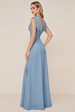 Candy Pink V-Neck Long Satin Sheath Bridesmaid Dress with Slit