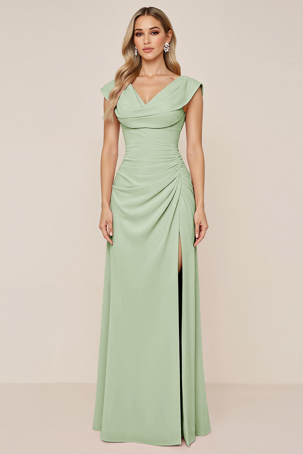 Candy Pink V-Neck Long Satin Sheath Bridesmaid Dress with Slit