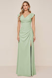 Candy Pink V-Neck Long Satin Sheath Bridesmaid Dress with Slit
