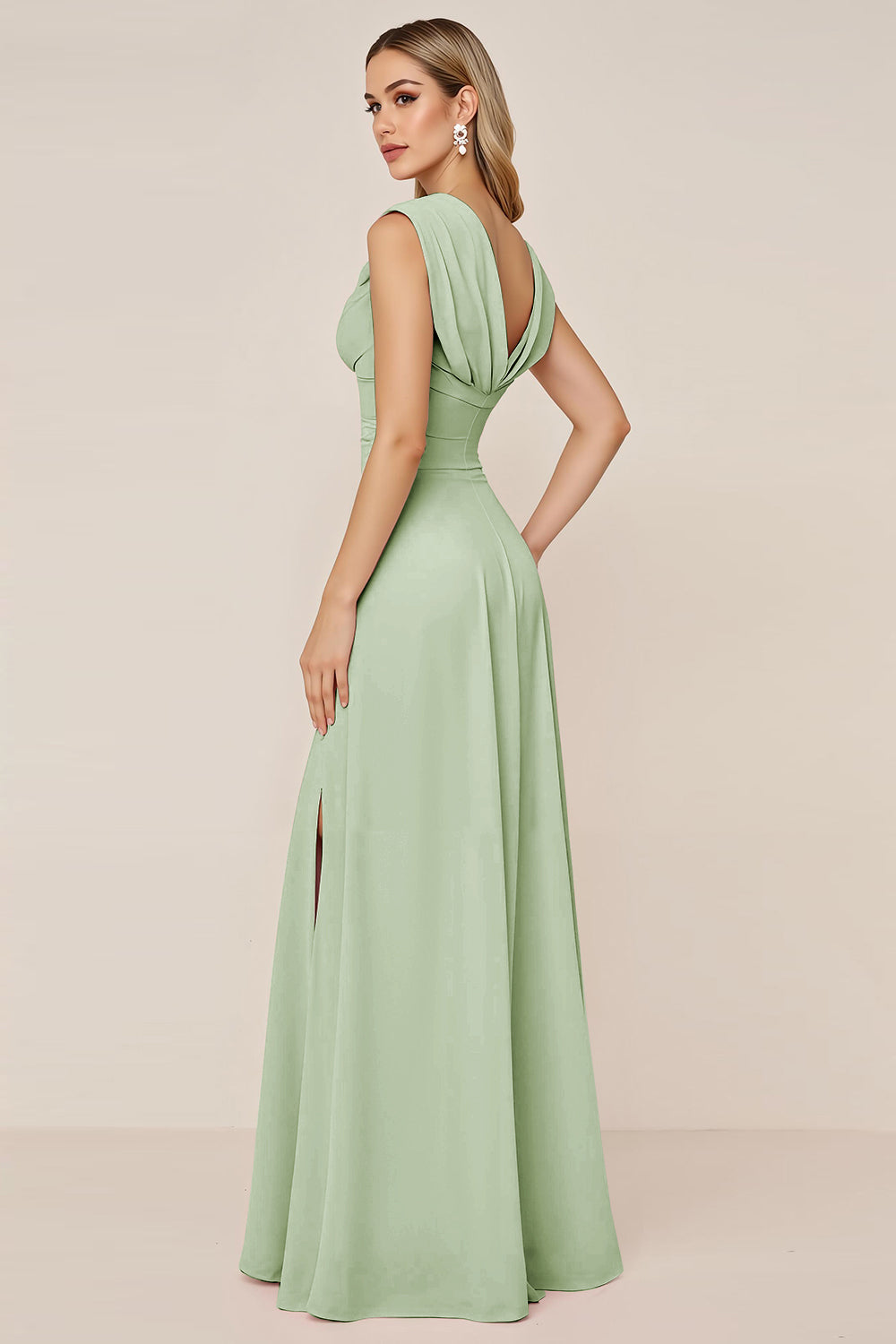 Candy Pink V-Neck Long Satin Sheath Bridesmaid Dress with Slit