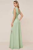 Candy Pink V-Neck Long Satin Sheath Bridesmaid Dress with Slit