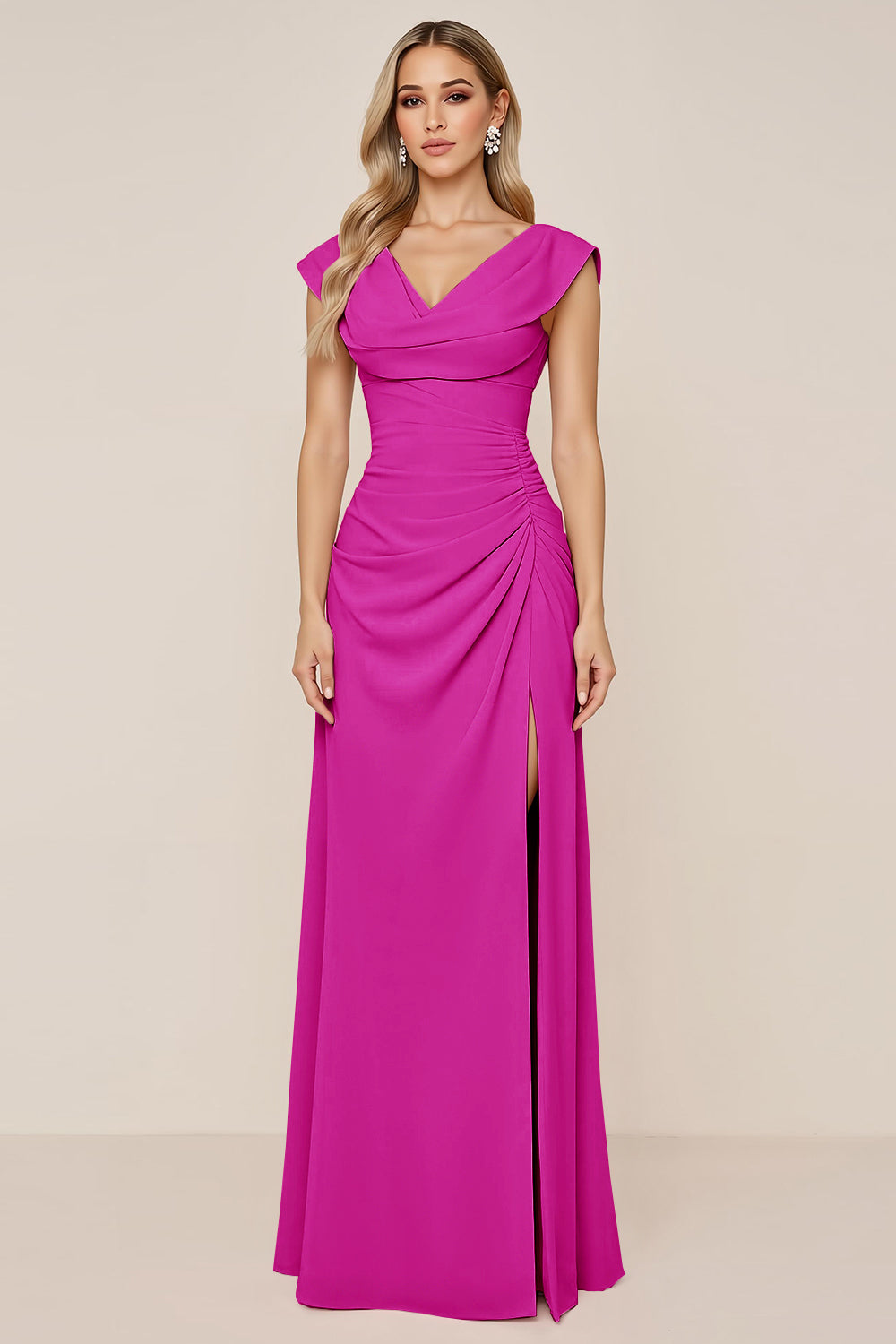Candy Pink V-Neck Long Satin Sheath Bridesmaid Dress with Slit