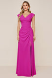 Candy Pink V-Neck Long Satin Sheath Bridesmaid Dress with Slit