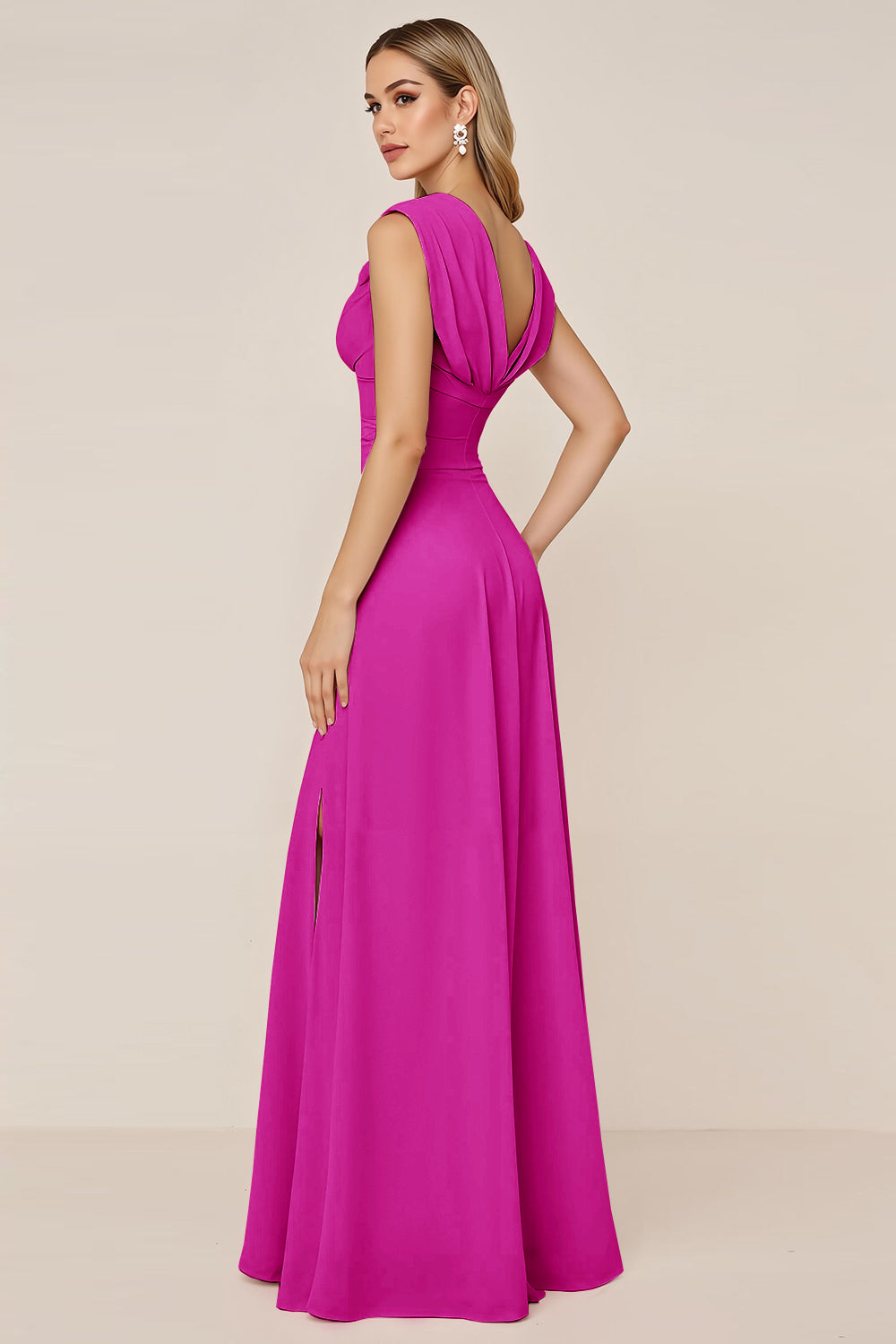 Candy Pink V-Neck Long Satin Sheath Bridesmaid Dress with Slit