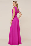 Candy Pink V-Neck Long Satin Sheath Bridesmaid Dress with Slit