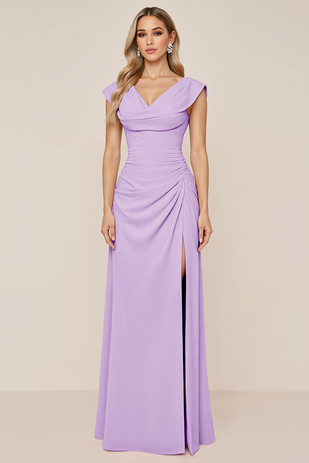 Candy Pink V-Neck Long Satin Sheath Bridesmaid Dress with Slit